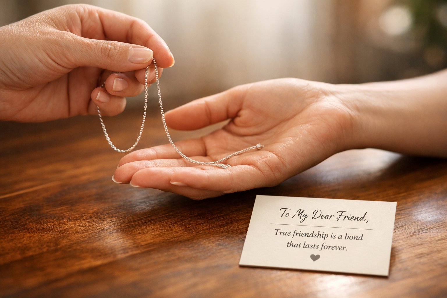 Two hands exchanging a delicate silver necklace next to a small message card on a wooden table.