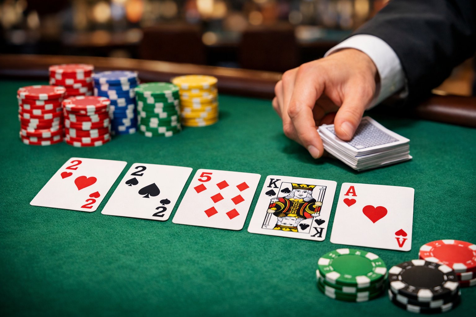A casino table with playing cards and poker chips arranged for a game featuring deuces as wild cards.