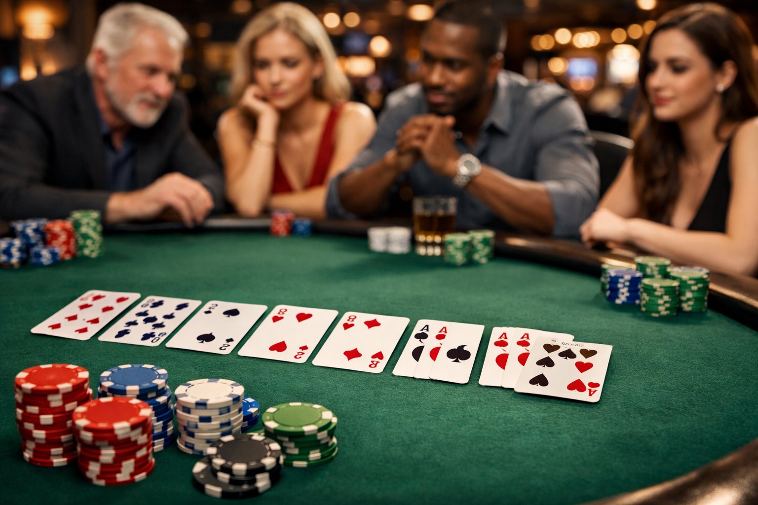 A poker table with playing cards and poker chips, surrounded by people playing a casino card game.