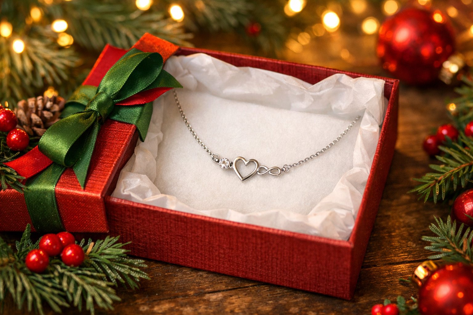 A close-up of a Christmas gift box containing a delicate necklace, surrounded by festive holiday decorations and warm lighting.