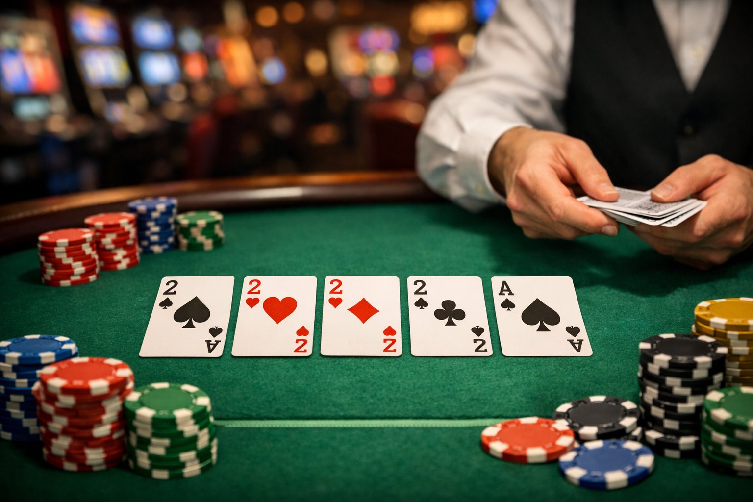 A casino poker table with playing cards and chips arranged for a game of Double Bonus Deuces Wild, with a dealer's hand distributing cards.