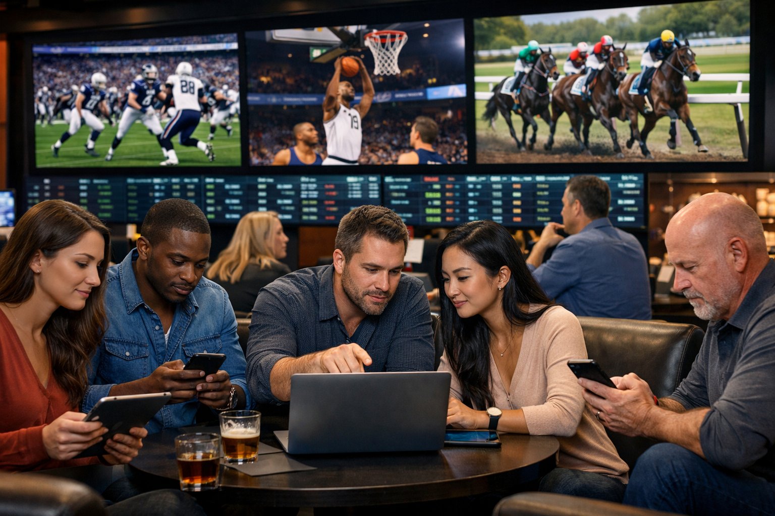People using electronic devices to place bets while watching live sports on large screens in a sports betting lounge.