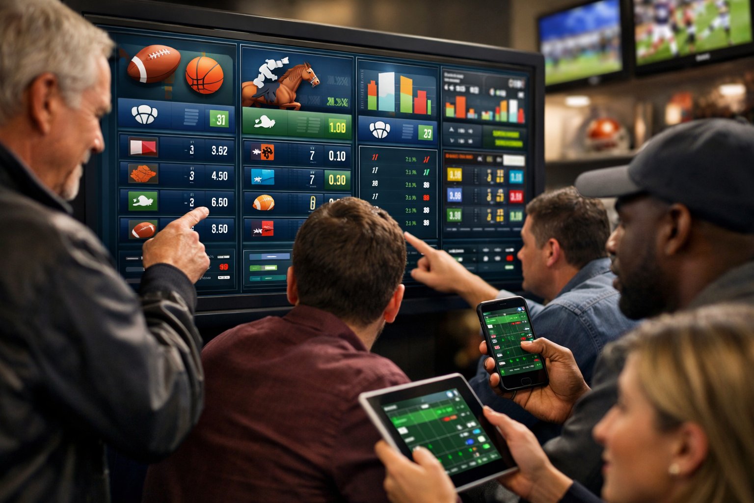 A group of people looking at a large touchscreen displaying sports betting odds and statistics in a modern room.