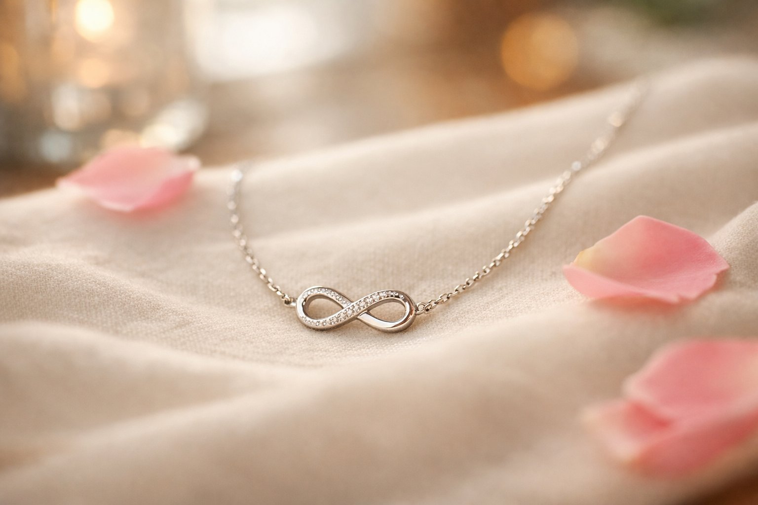 Close-up of a delicate necklace with a small heart-shaped pendant resting on soft fabric, with gentle light and rose petals nearby.