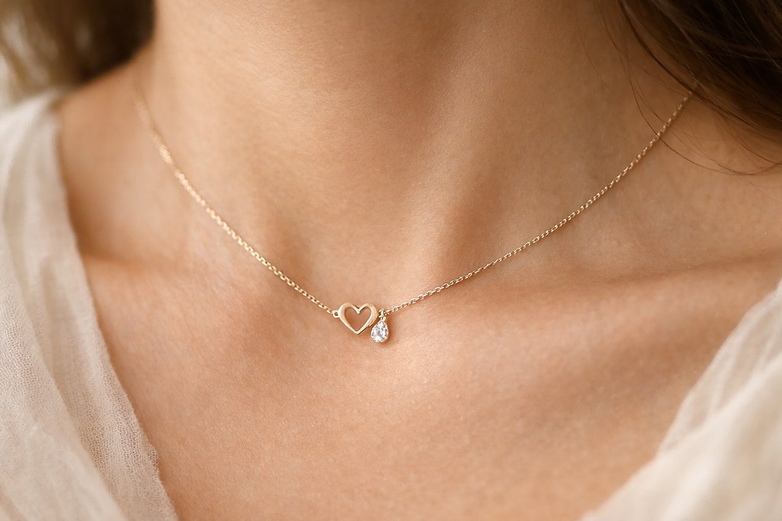 Close-up of a woman wearing a delicate necklace with a simple pendant, highlighting a tender and intimate moment.