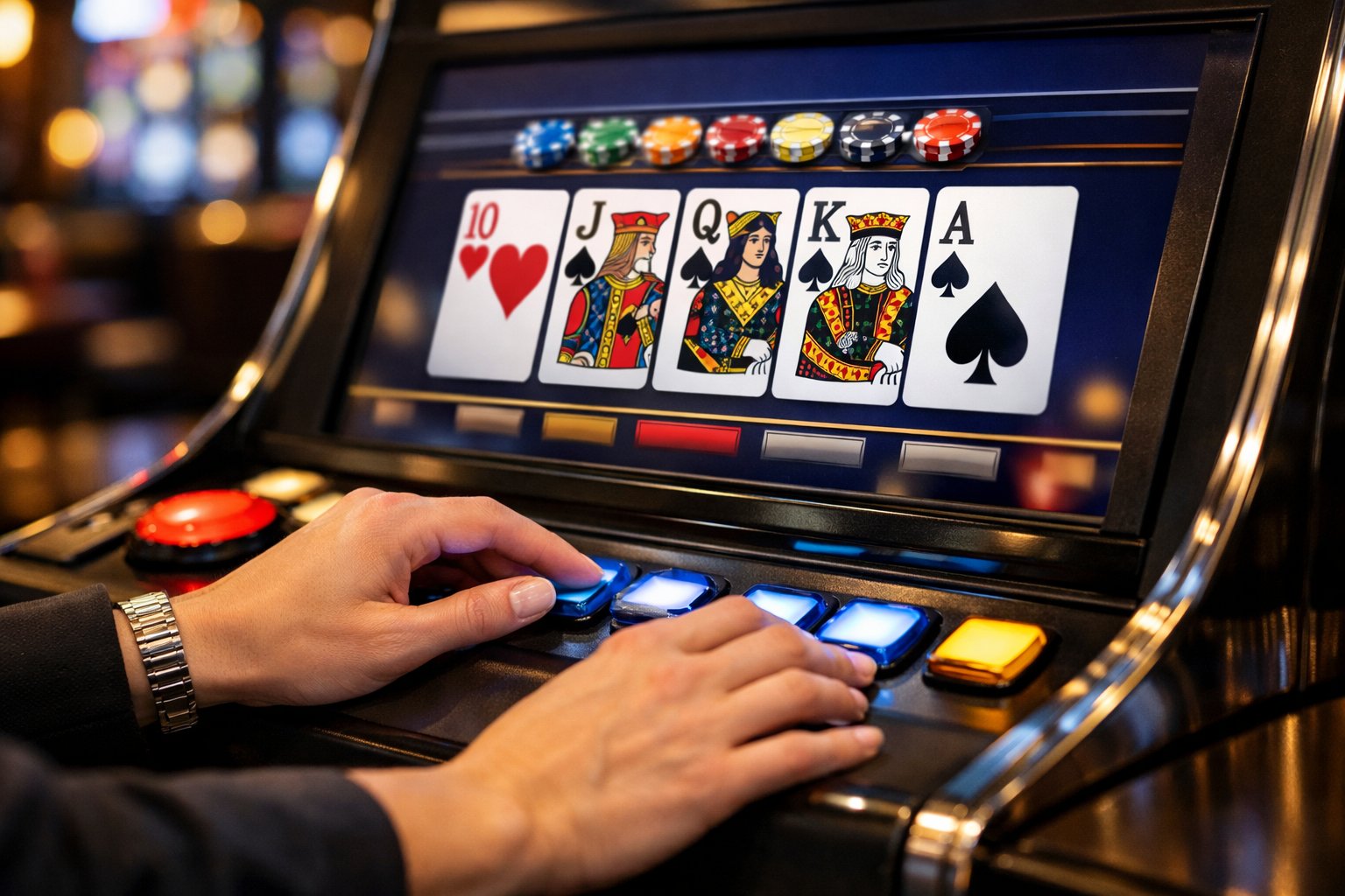 Close-up of hands playing video poker on an electronic machine in a casino setting.