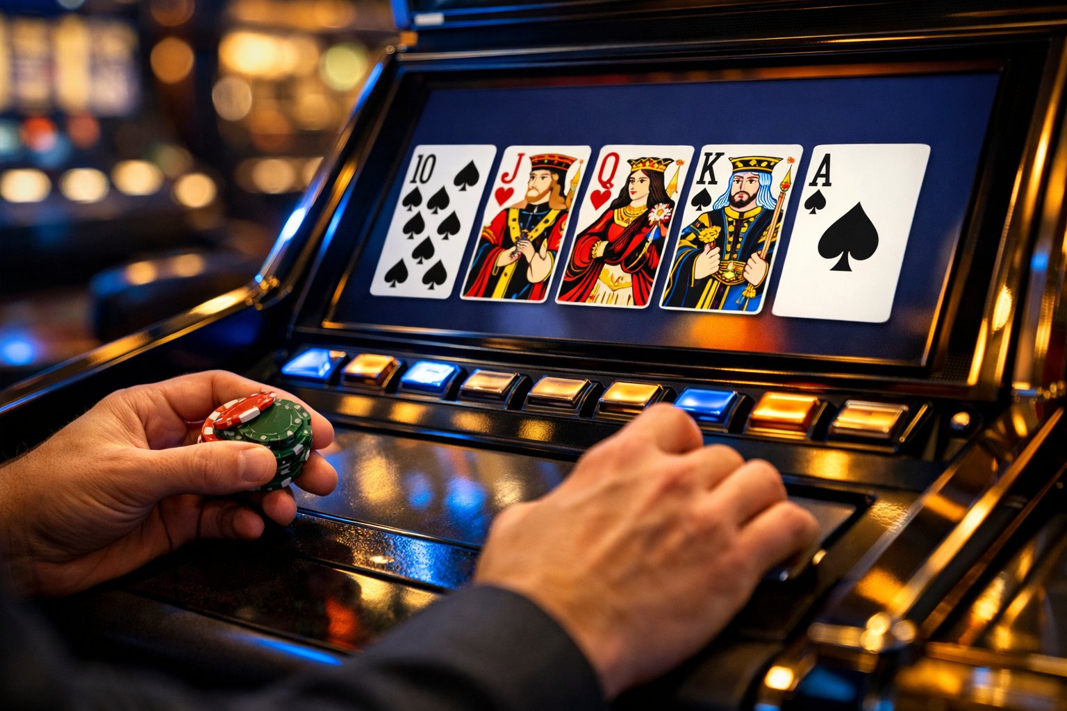 Close-up of hands holding poker chips and playing a video poker machine at a casino table.