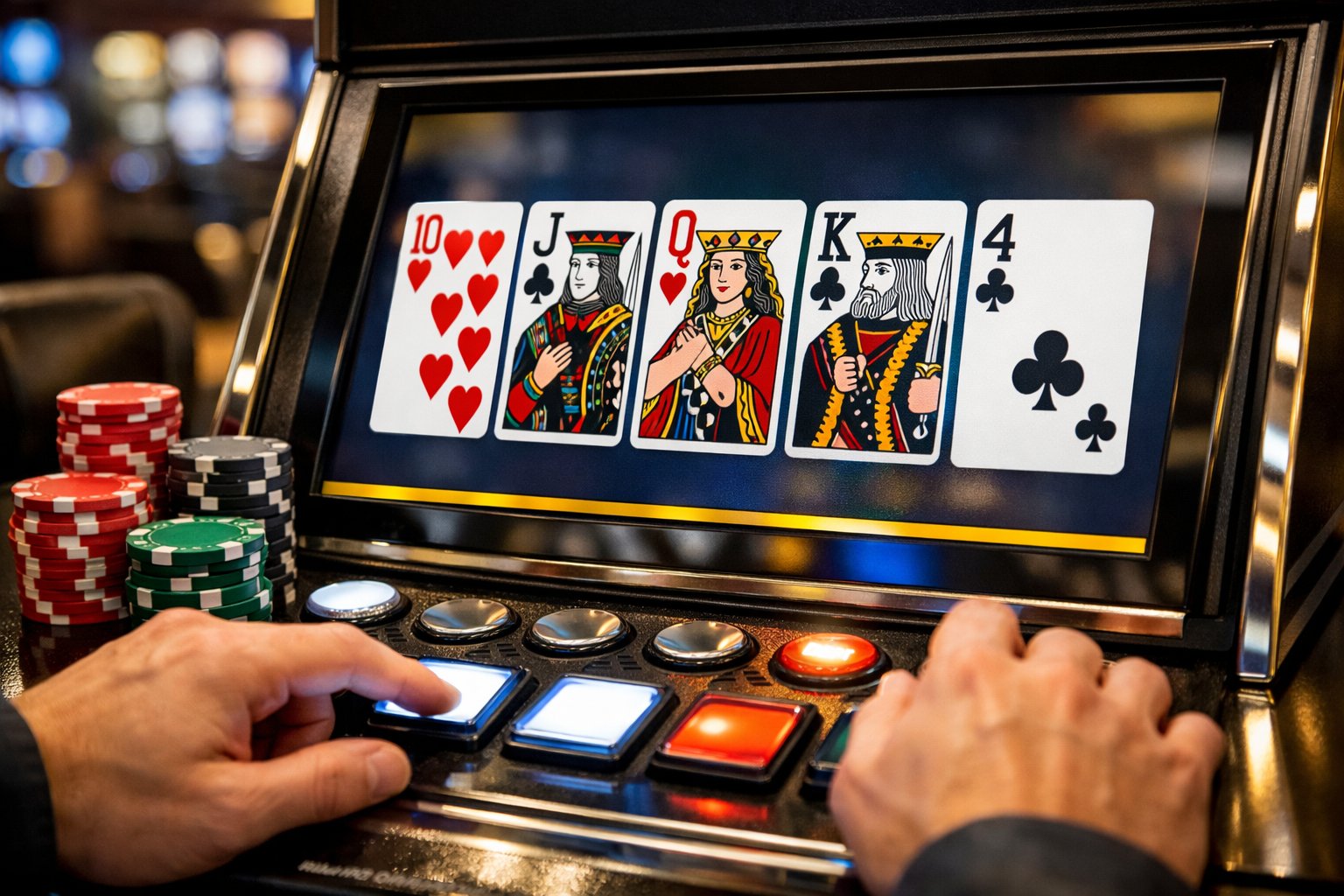 Close-up of a person playing video poker at a casino machine with poker chips nearby.