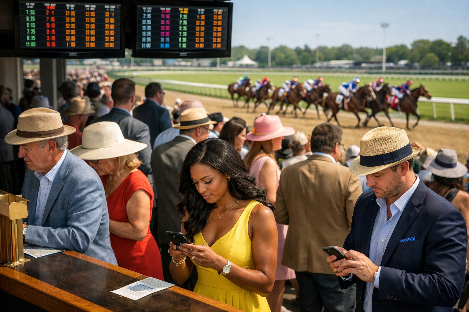 People placing bets at a horse racetrack with horses racing in the background.