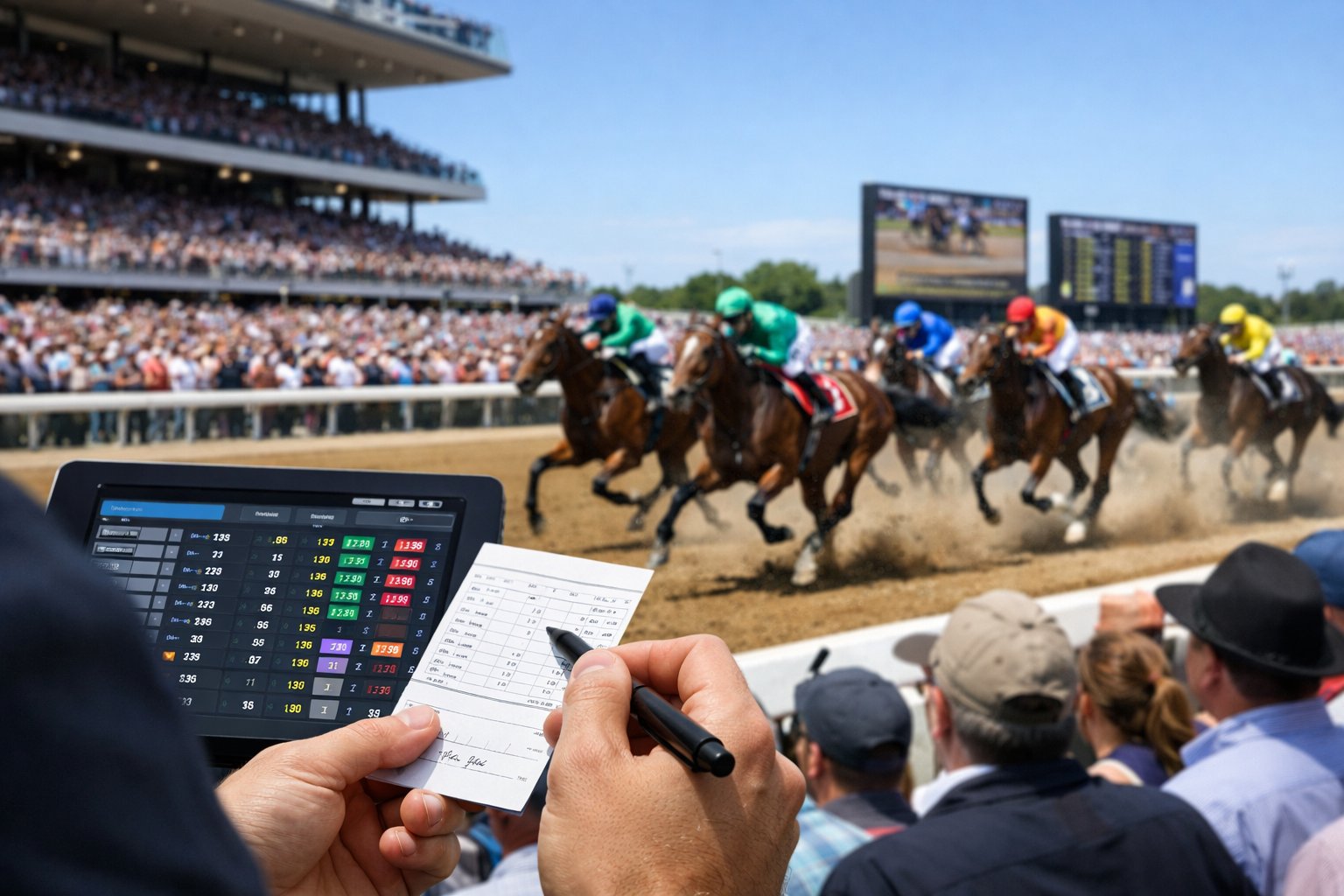 People watching a horse race at a track while one person holds a betting slip and pen, with horses racing on the track and spectators in the grandstand.
