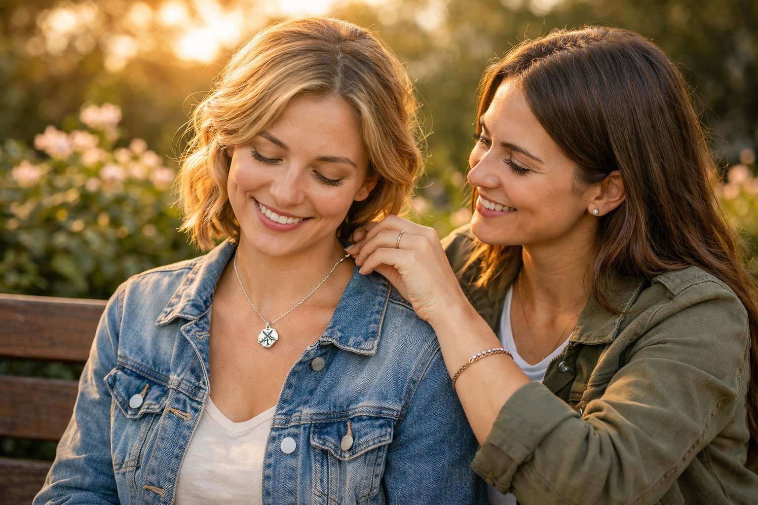 Two friends exchanging matching friendship necklaces outdoors, smiling and sitting on a park bench surrounded by greenery.