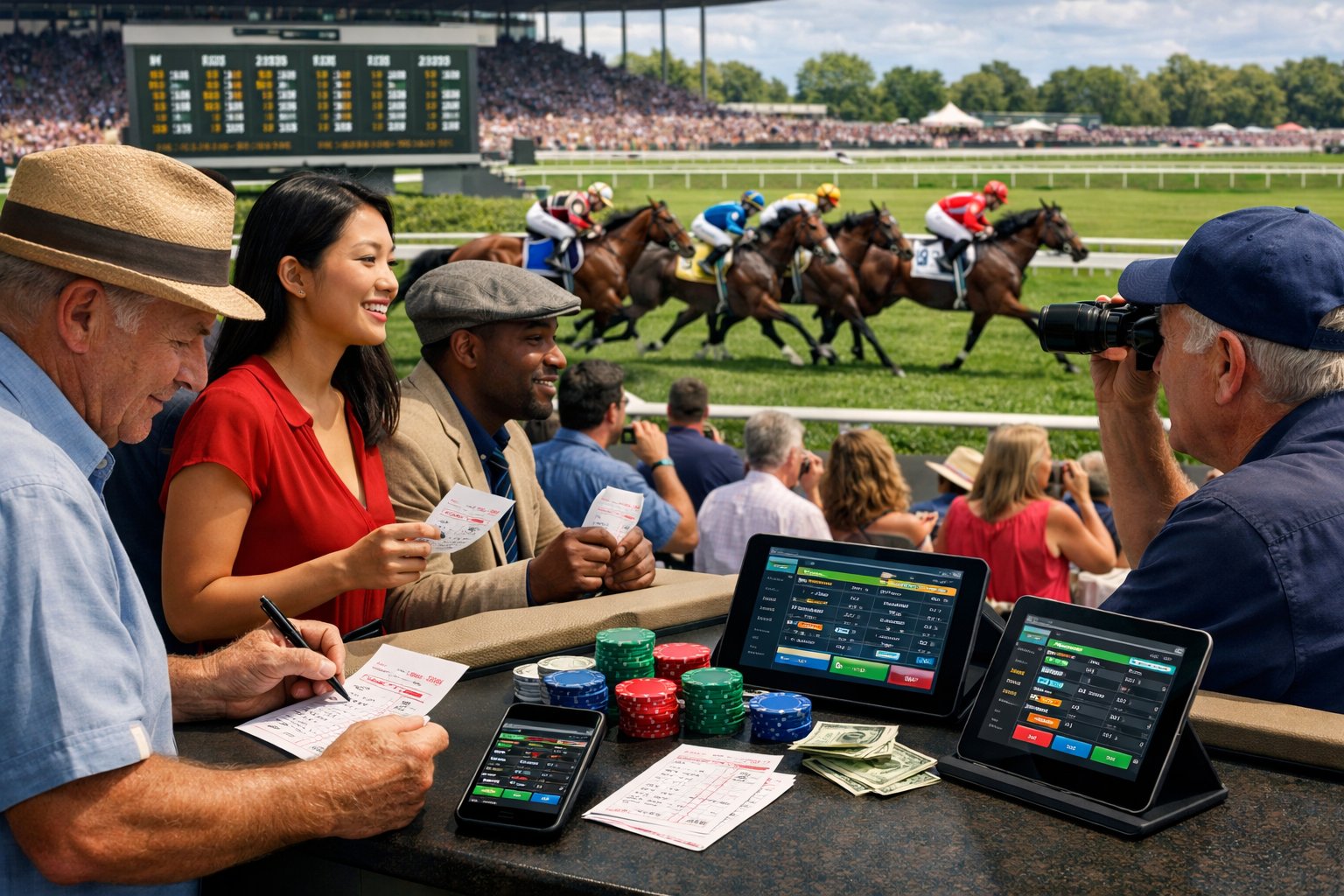 People placing bets at a horse racing track with horses racing in the background and a crowd watching from the grandstand.