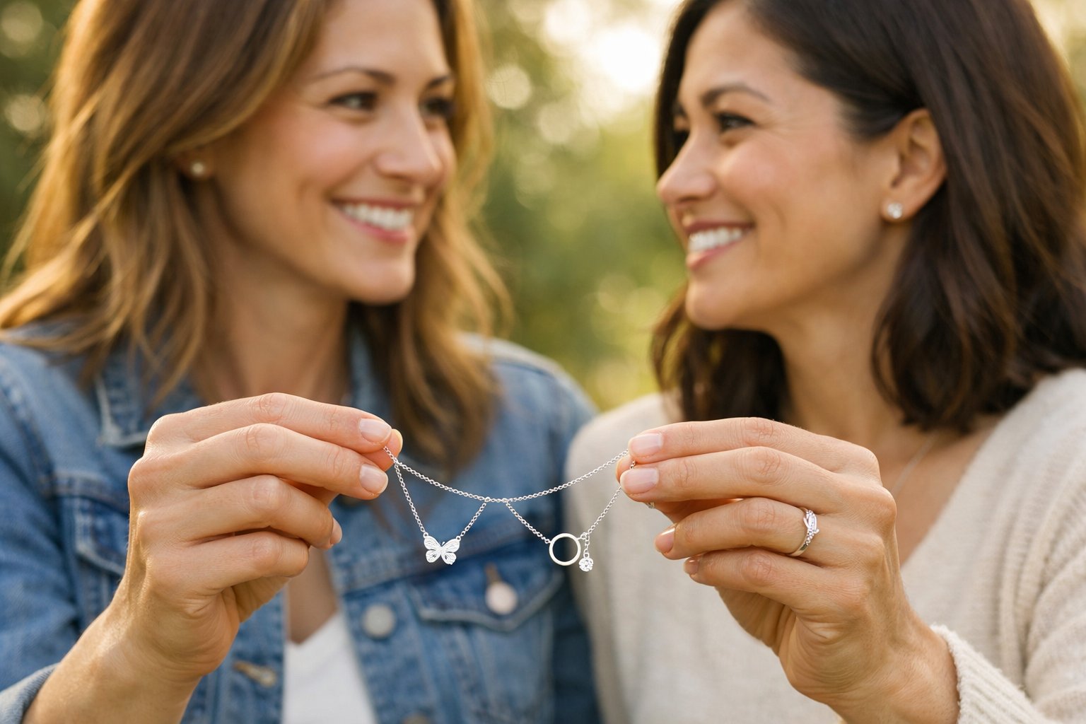 Two friends outdoors exchanging friendship necklaces and smiling warmly at each other.