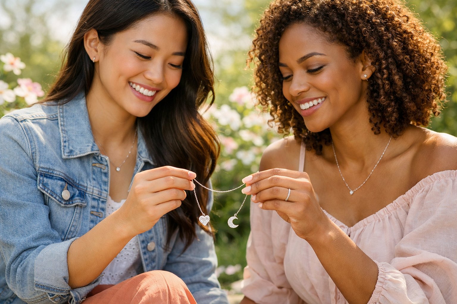 Two young women outdoors exchanging friendship necklaces and smiling warmly.