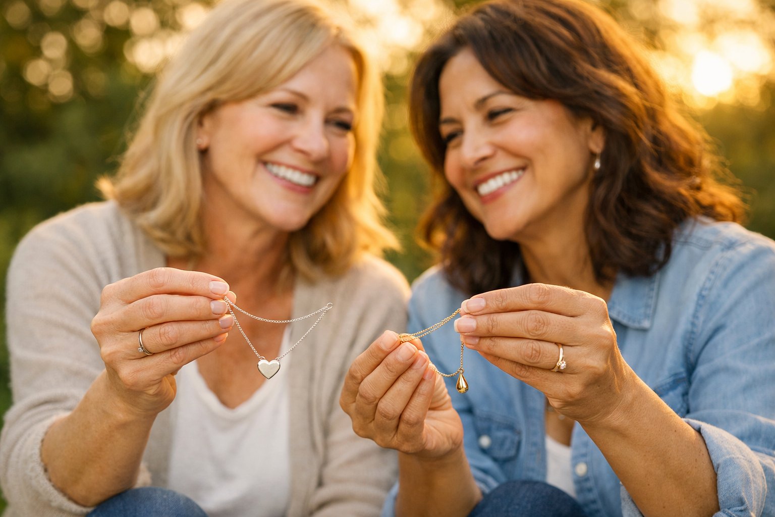 Two women outdoors exchanging necklaces and smiling warmly, showing a close and joyful friendship.