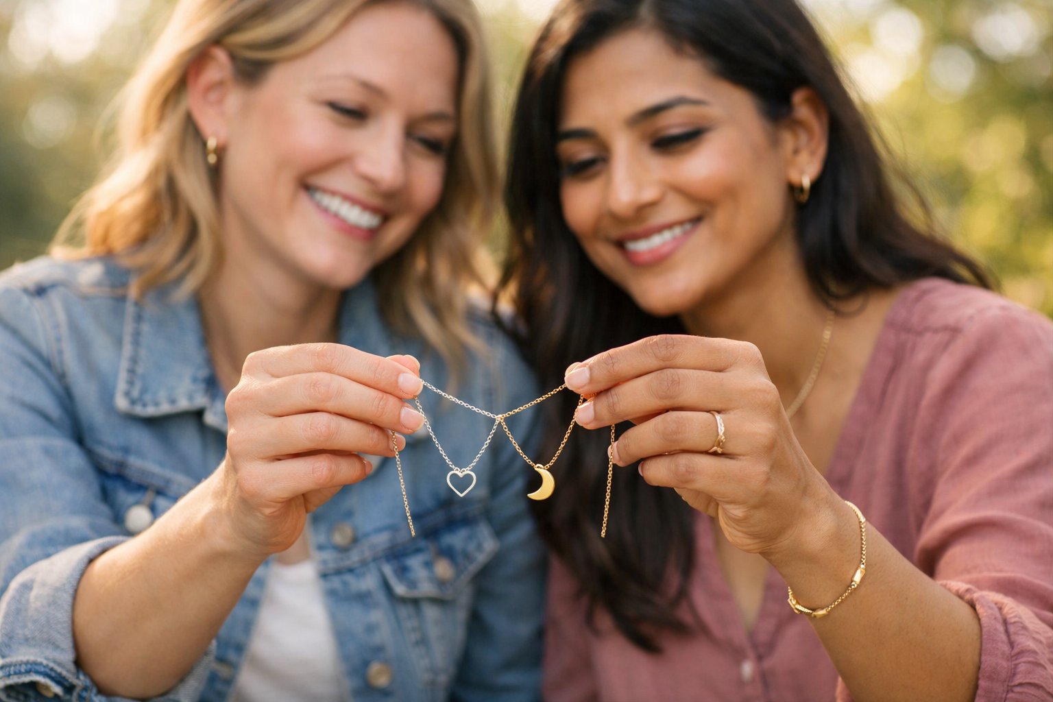Two women sitting together outdoors, smiling and exchanging friendship necklaces.