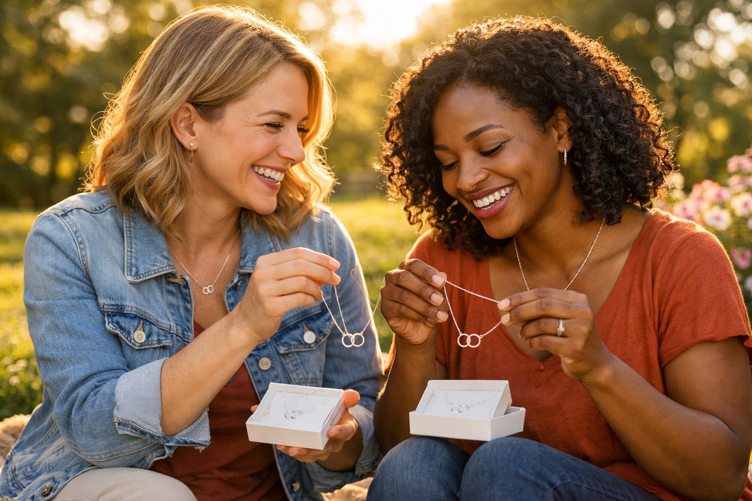 Two women sitting together outdoors, smiling and exchanging matching necklaces as gifts.
