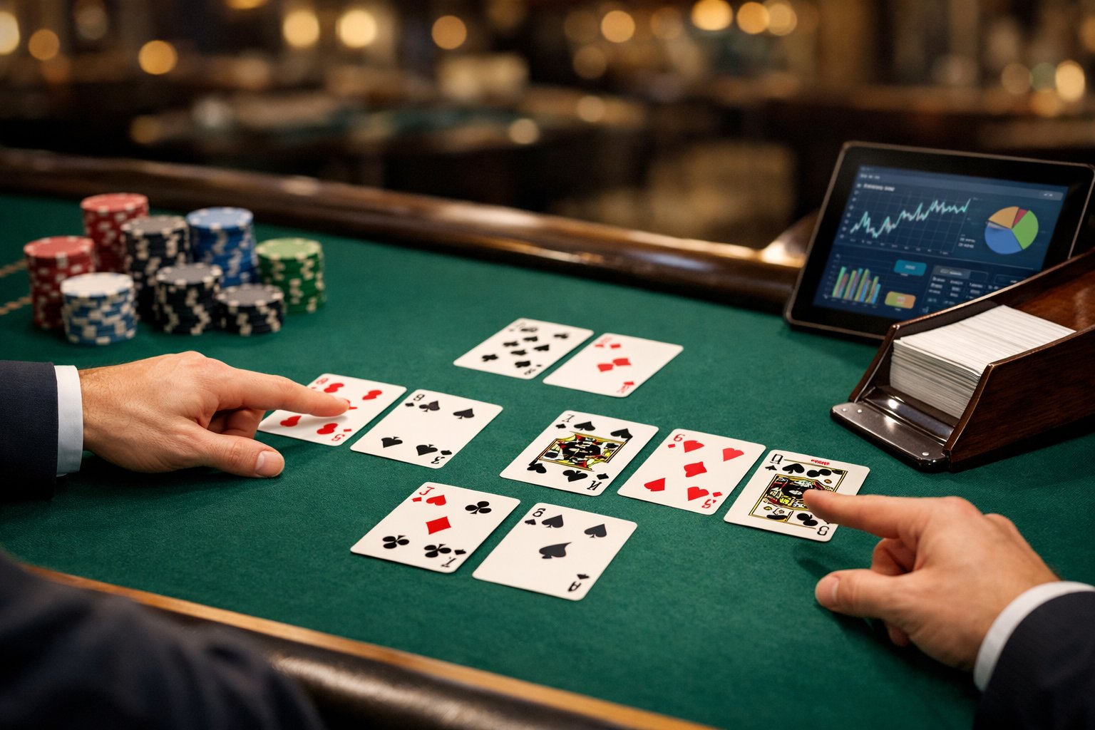 Hands analyzing baccarat cards and chips on a casino table with a digital tablet showing game statistics.