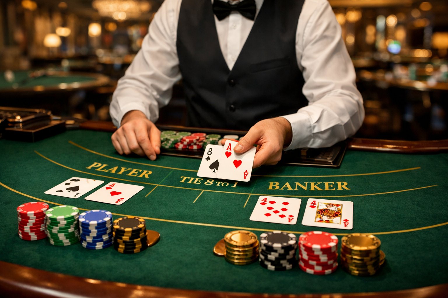 A dealer handling cards and chips at a Baccarat table in a casino setting.