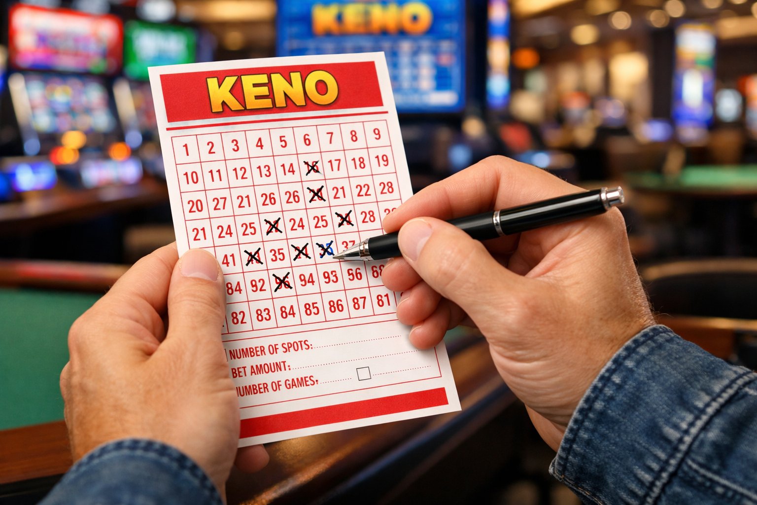 A person marking numbers on a Keno ticket in a casino lounge.