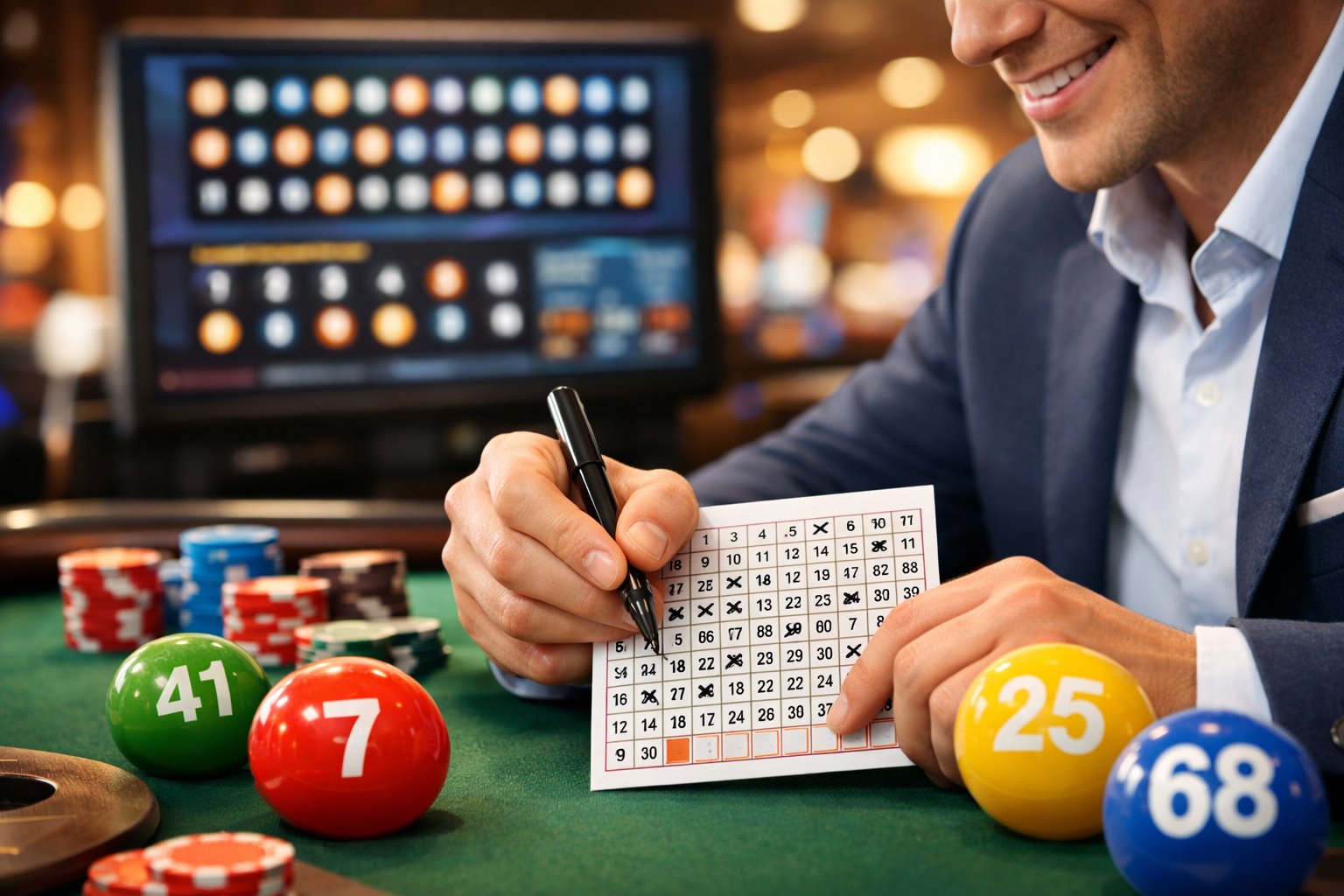 A person marking numbers on a Keno card at a casino table with Keno balls and a digital display in the background.