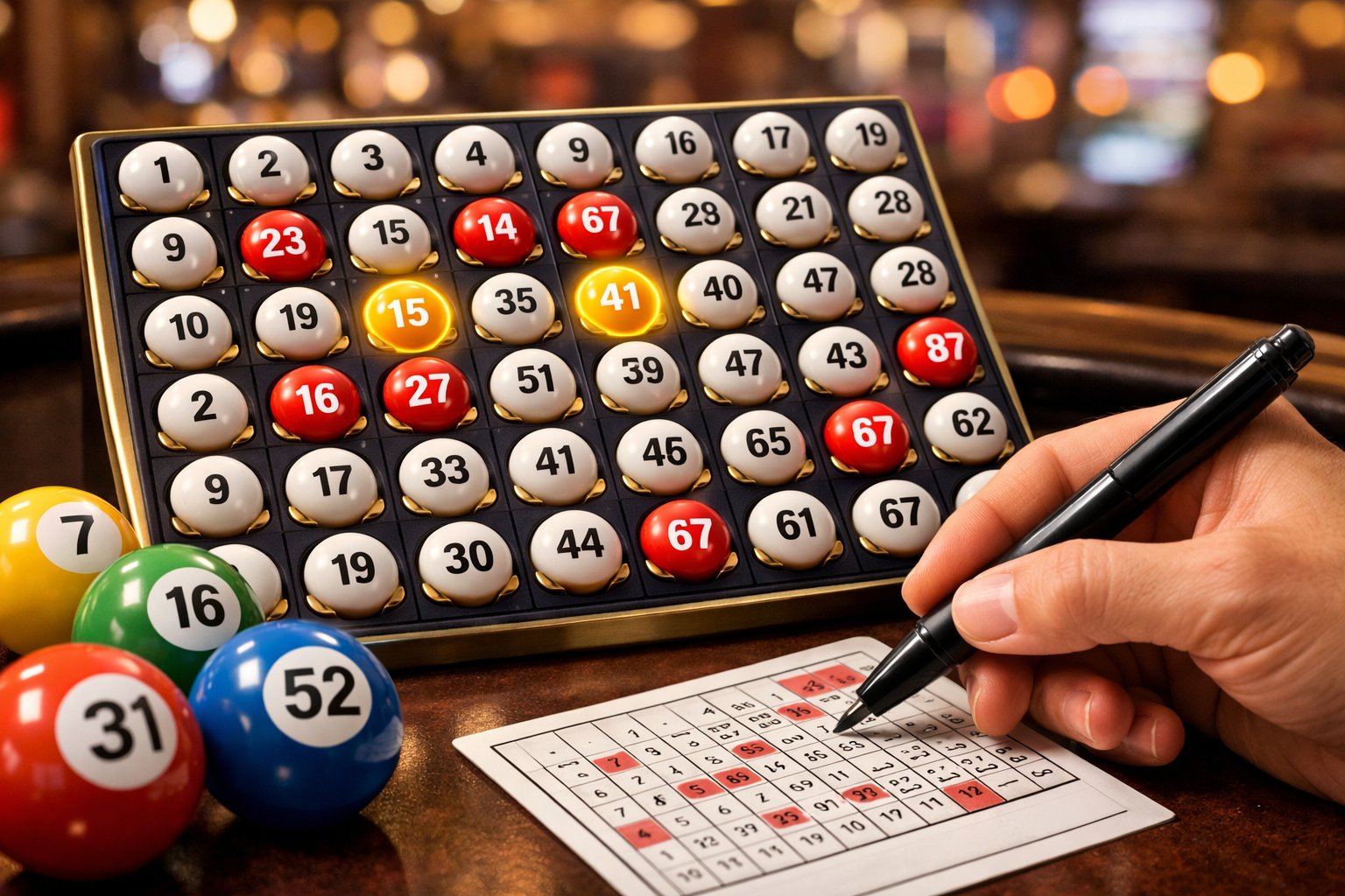 Close-up of a Keno game board with numbered balls and a hand selecting numbers on a Keno card in a casino setting.