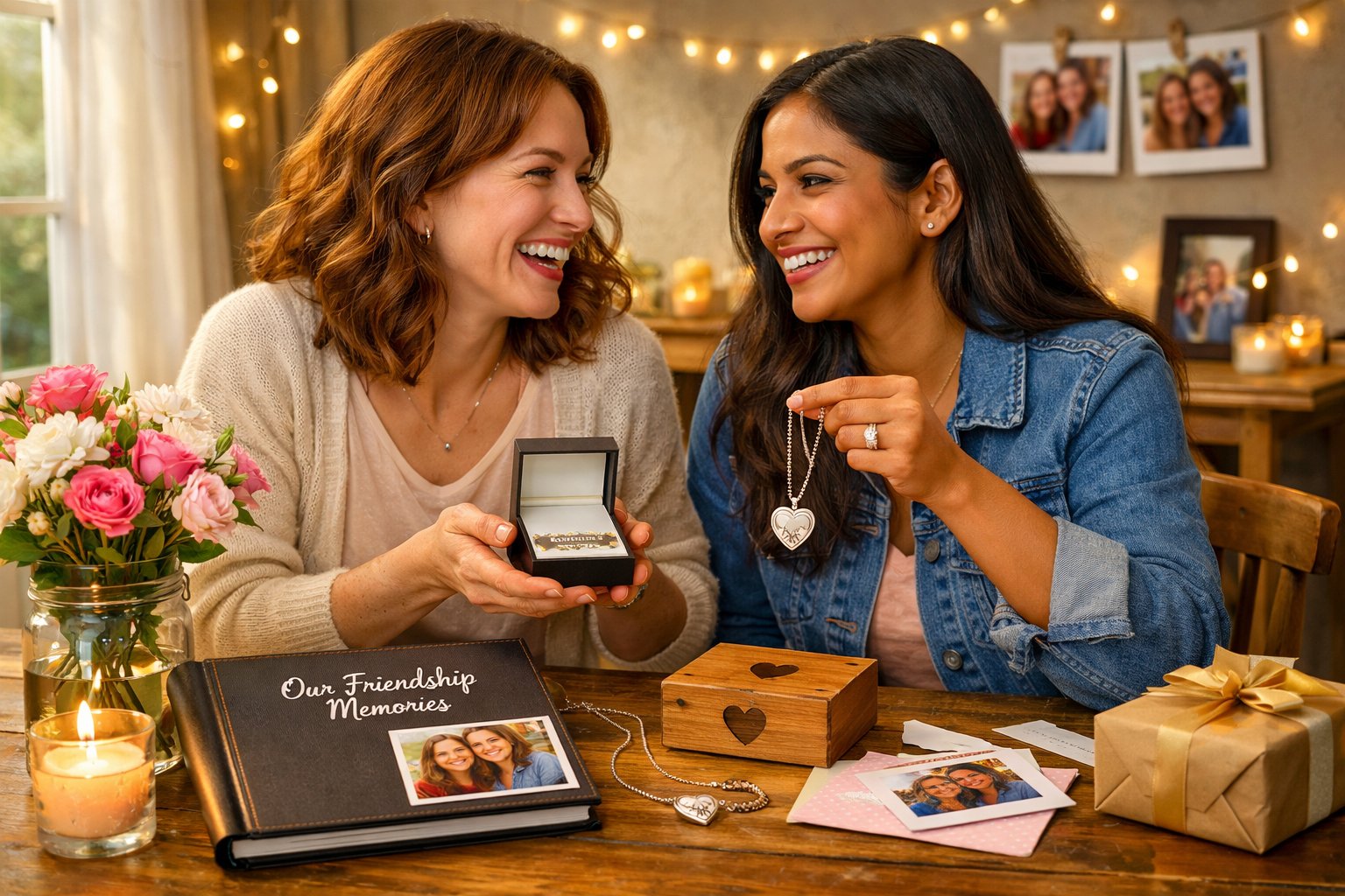 Two friends sitting at a table exchanging gifts and smiling, surrounded by friendship anniversary presents and decorations.