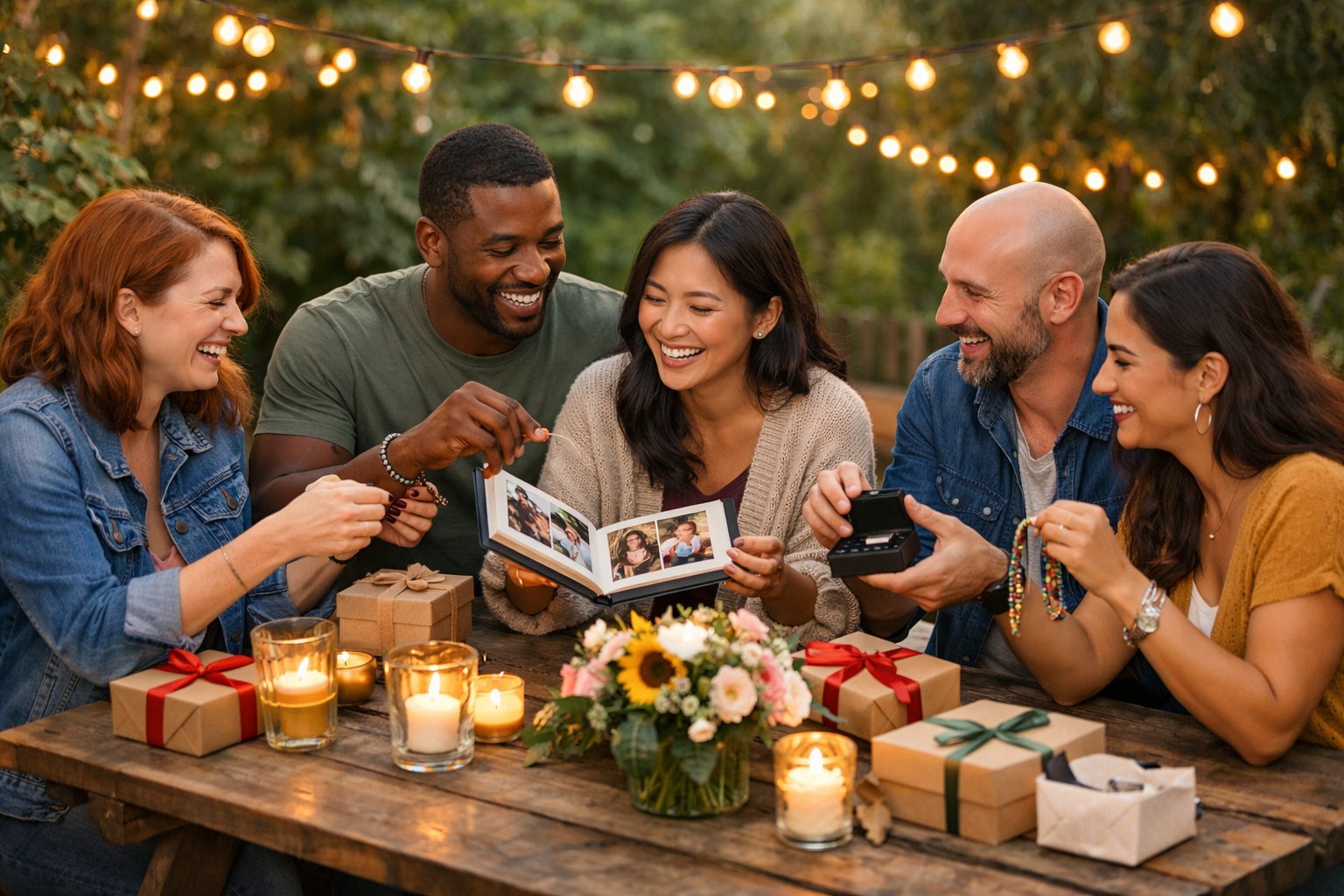 A group of friends happily exchanging gifts and celebrating together outdoors around a decorated picnic table.