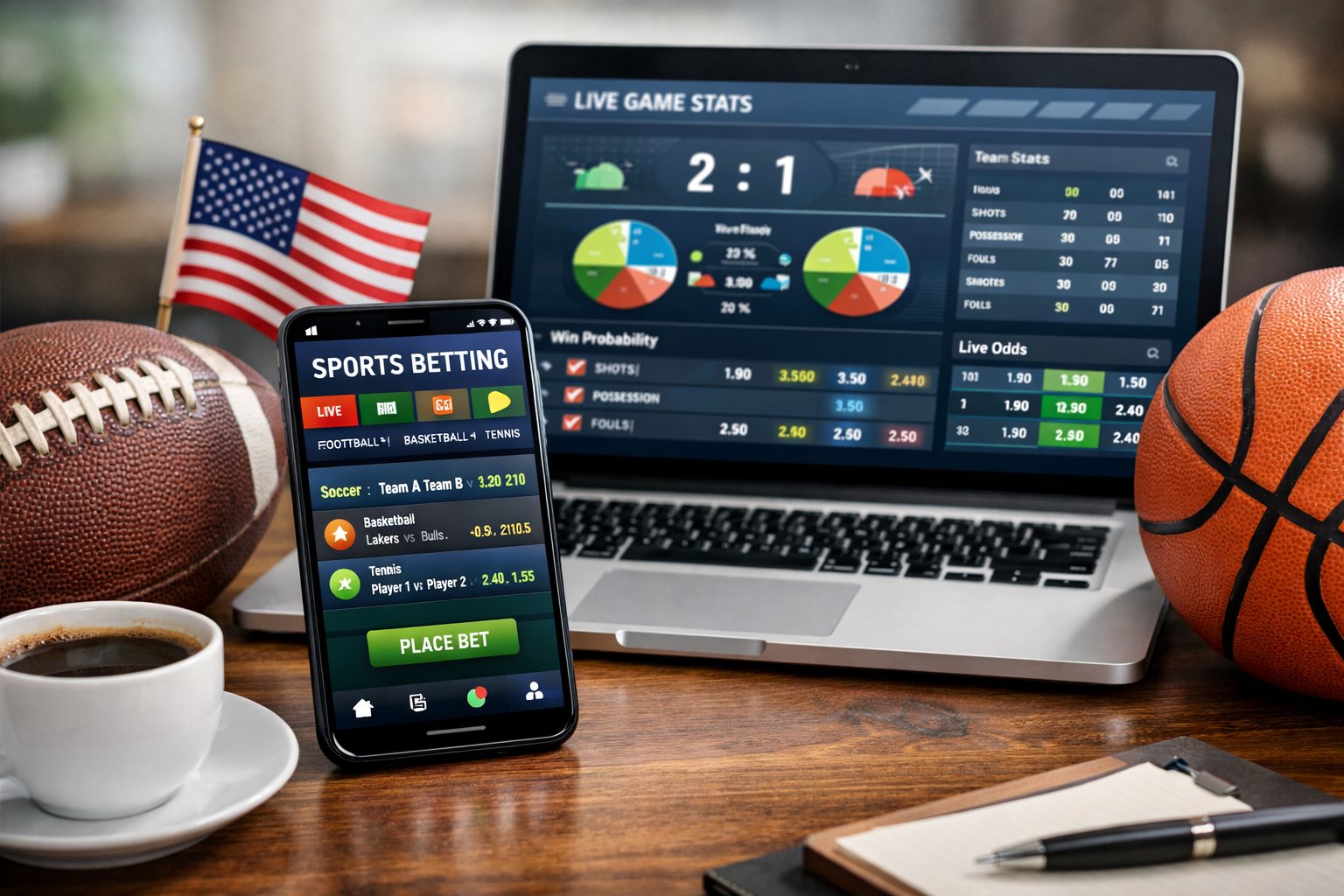 A smartphone and laptop on a desk showing sports betting apps, with sports items and an American flag nearby.