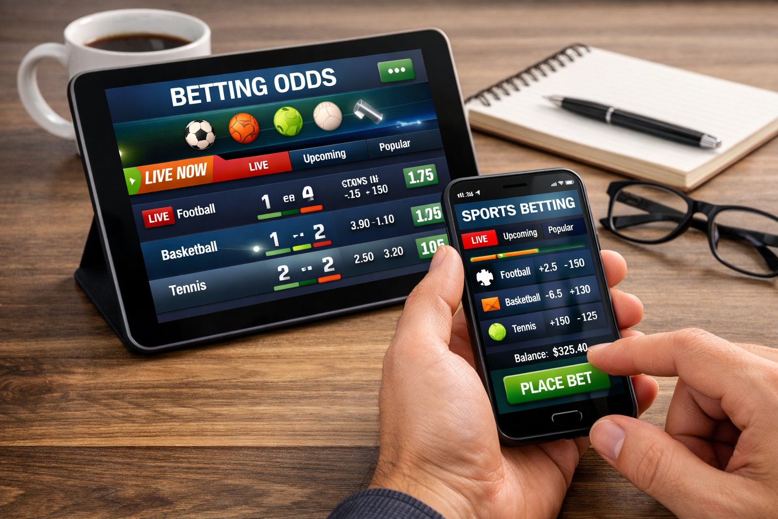 A person using a smartphone and tablet displaying sports betting apps on a wooden desk with office items around.