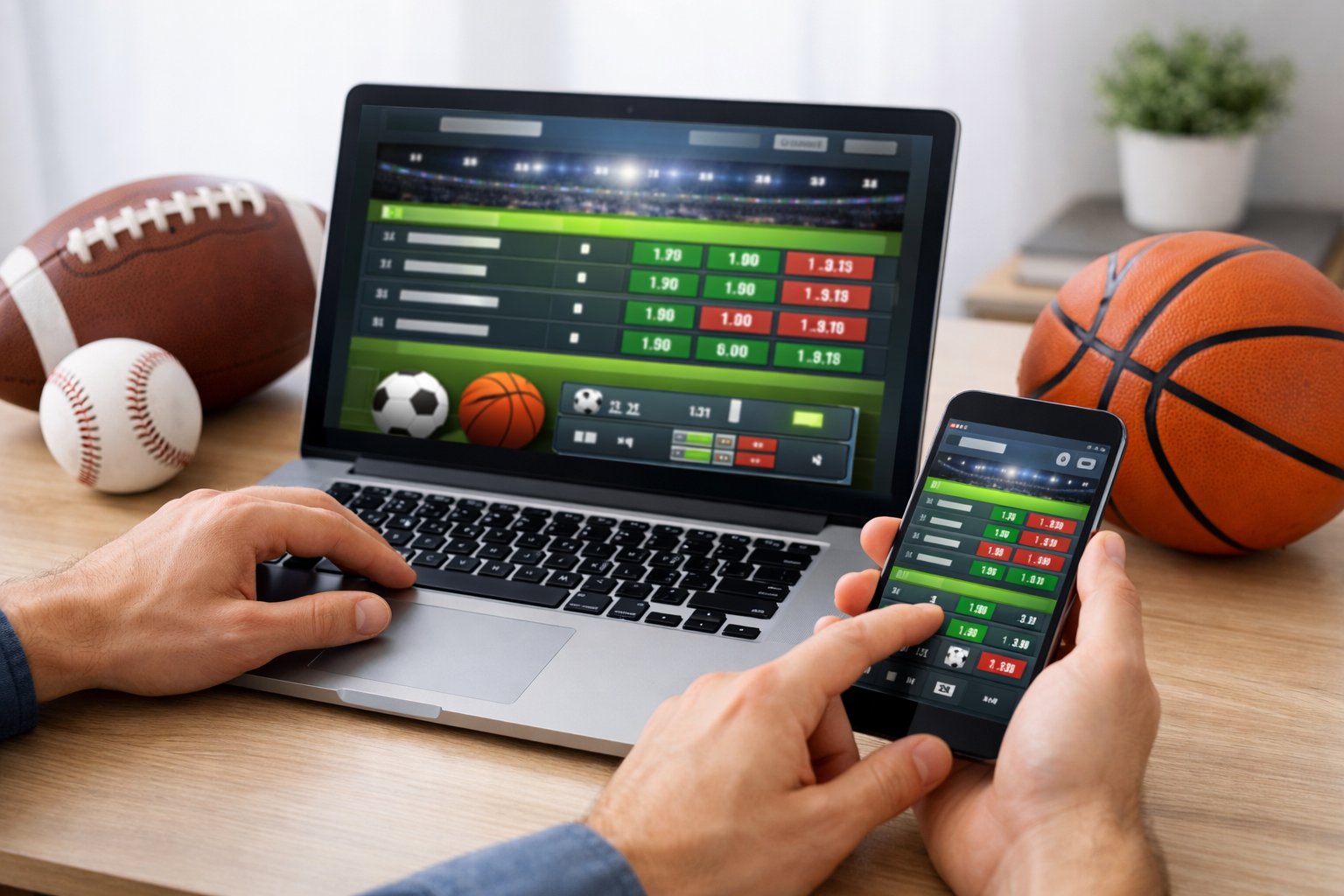 Hands interacting with a laptop and smartphone showing sports betting app interfaces on a desk with sports balls nearby.