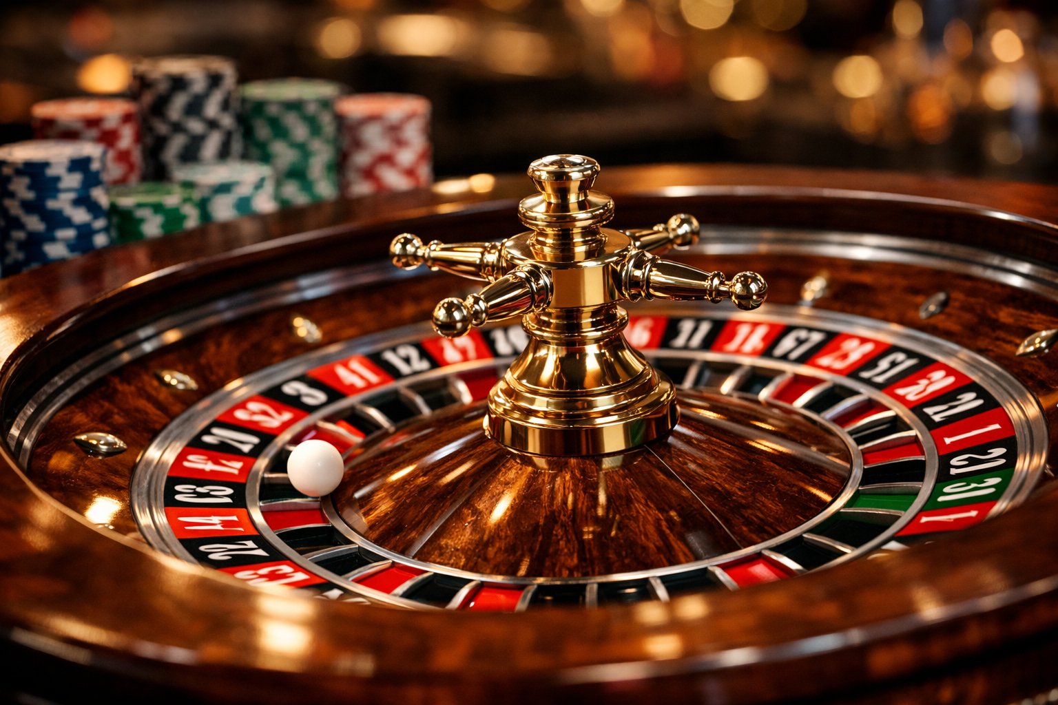 A roulette wheel spinning with a white ball in motion on a casino table surrounded by colorful chips.