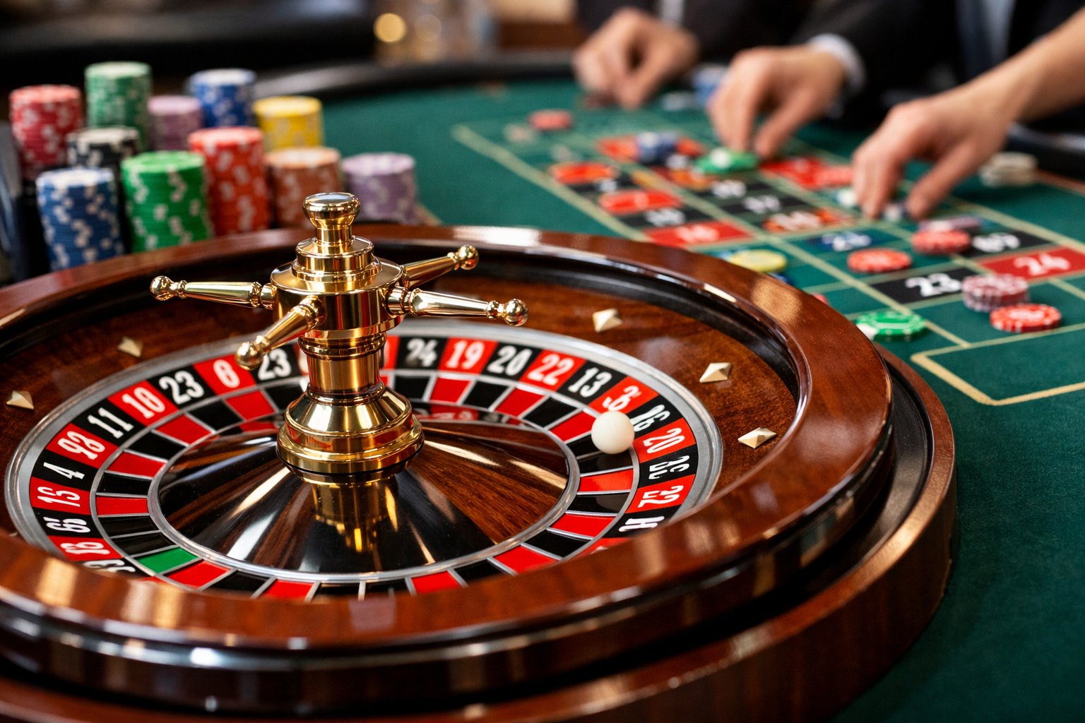 Close-up of a roulette wheel spinning with chips and players' hands placing bets on a casino table.