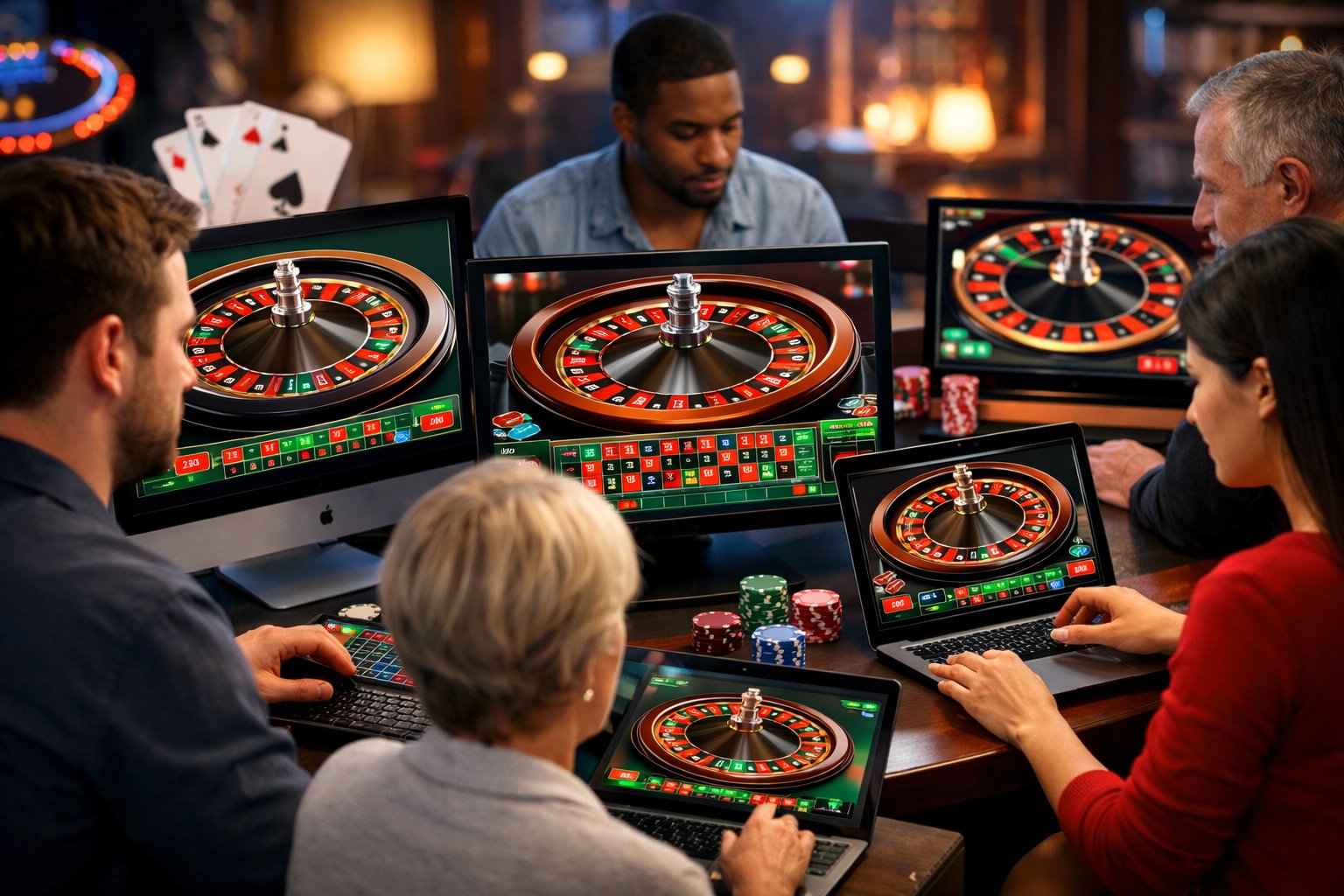 People using multiple digital roulette simulators on computers and laptops in a modern room with casino-themed decor.