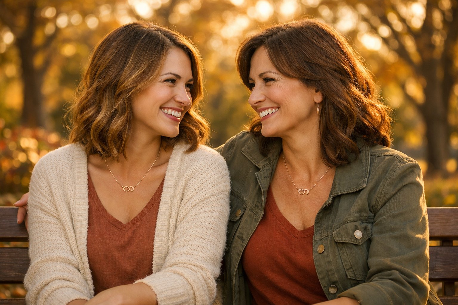 Two women in their 30s and 40s sitting on a park bench outdoors, smiling and wearing matching friendship necklaces.