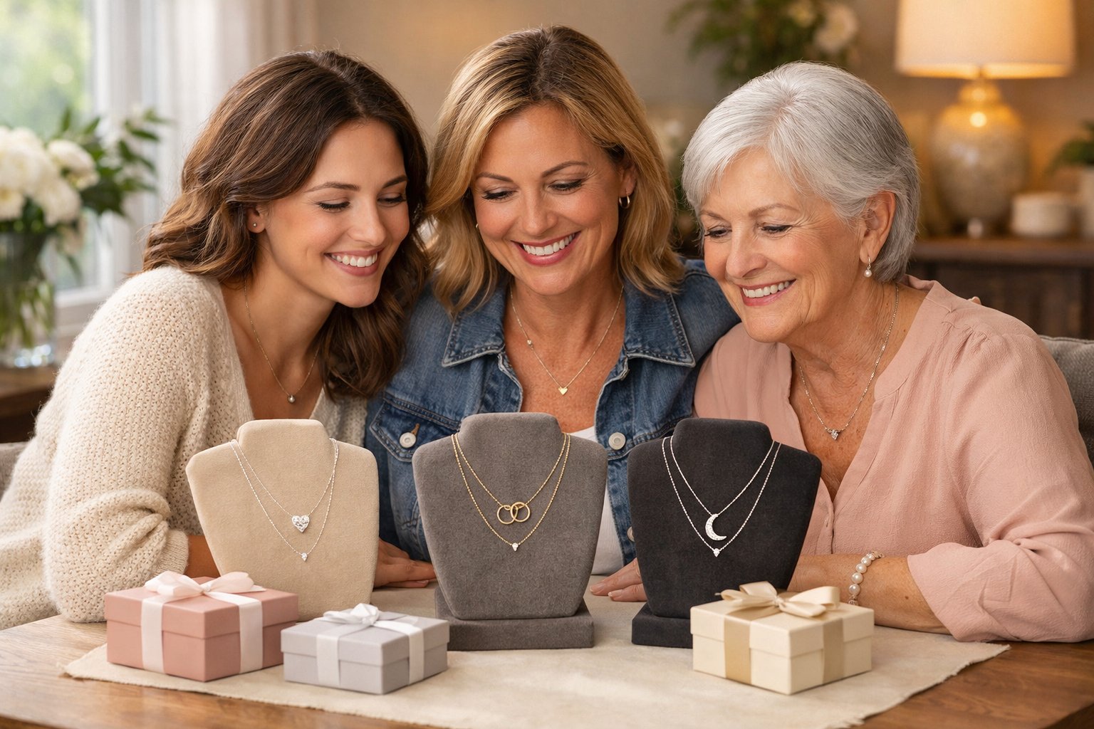 Three women of different ages smiling and sharing friendship necklaces at a cozy table with jewelry displays.