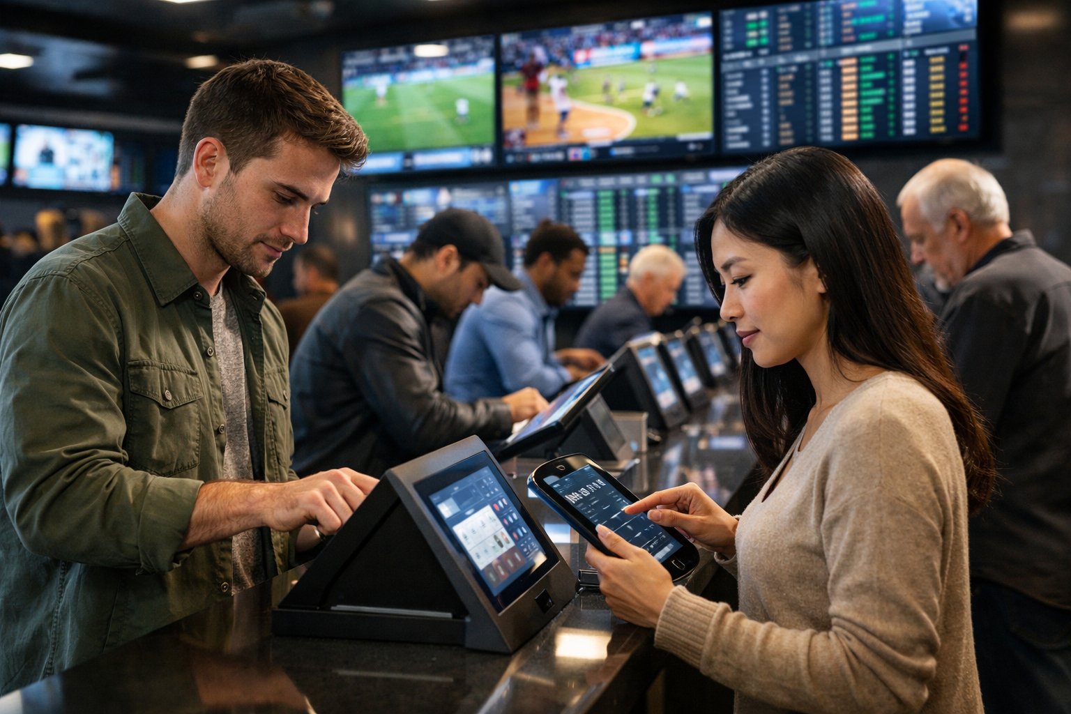 People placing bets repeatedly at a modern betting counter with digital screens showing sports odds.