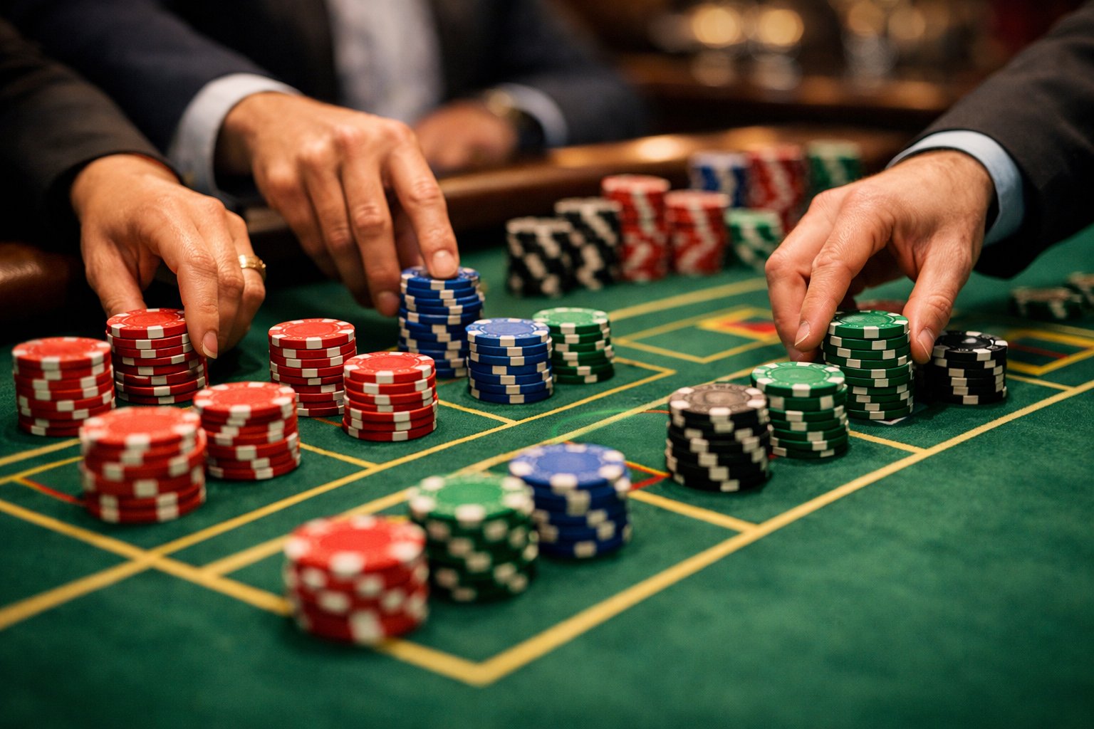 Close-up of hands placing chips on a green casino betting table showing repeated betting patterns.