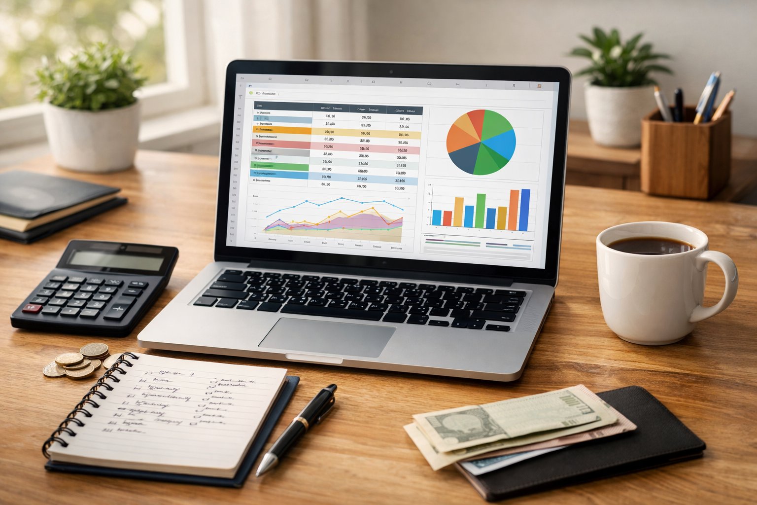 A workspace with a laptop showing a colorful budgeting spreadsheet, a calculator, a notepad, and a cup of coffee on a desk near a window.