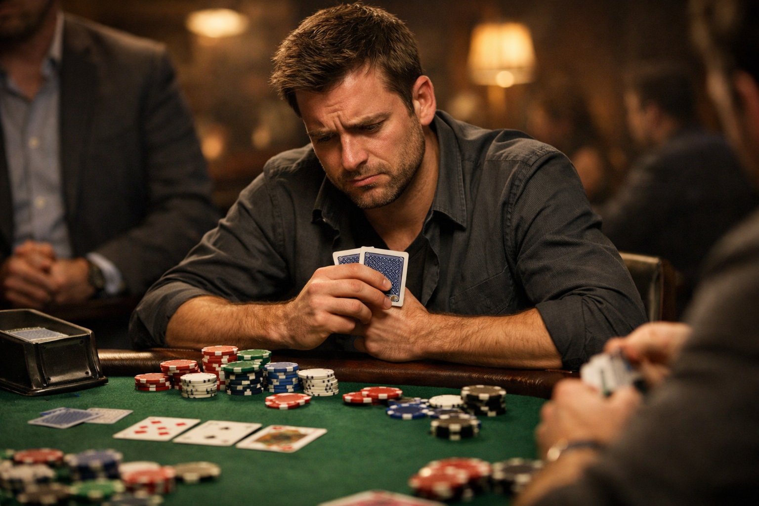 A man sitting at a poker table looking frustrated with scattered poker chips and cards in front of him.