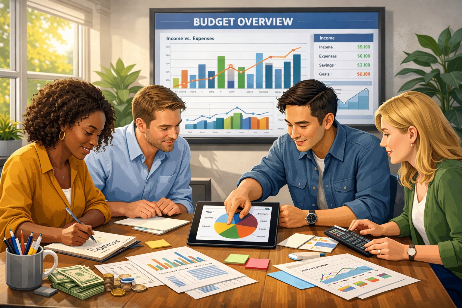 A group of people working together around a table with financial documents, charts, and a digital tablet displaying budget information.
