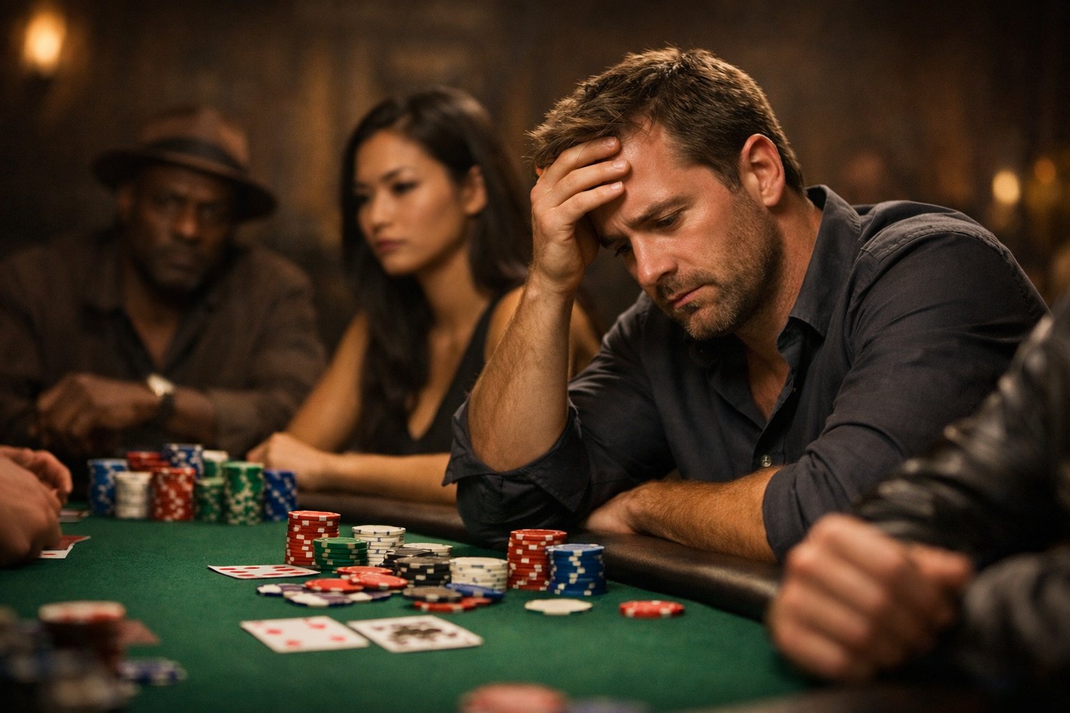 A group of poker players around a table, one player looks frustrated while others appear focused during a tense game.