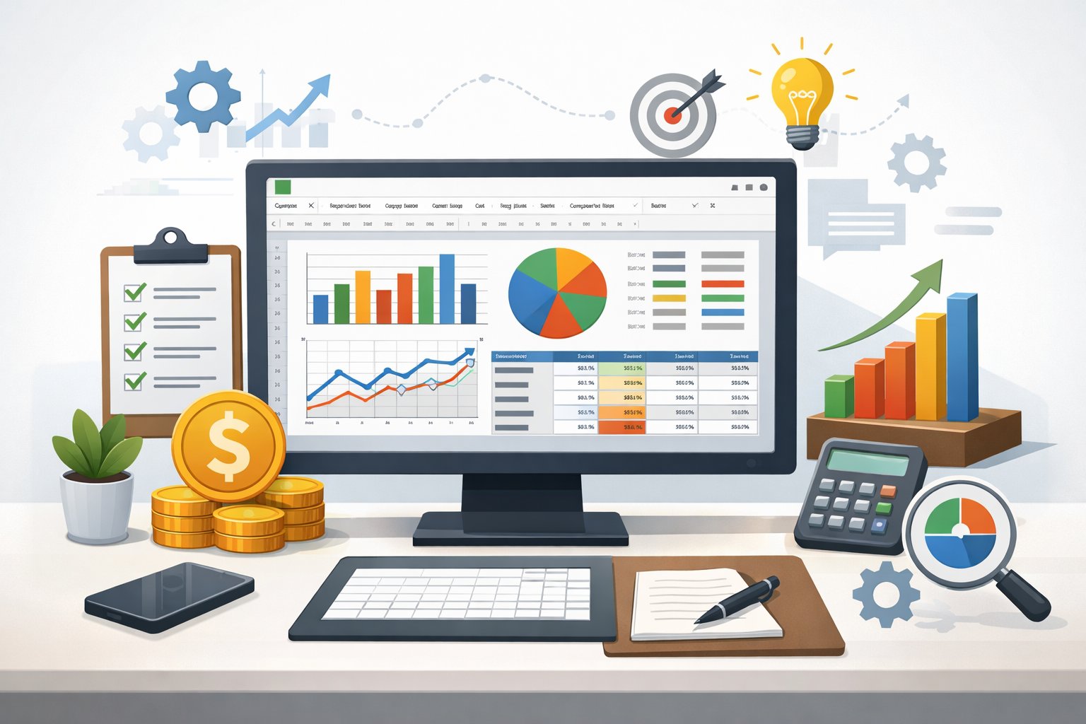 A workspace showing a computer screen with detailed budget charts and graphs representing advanced budgeting strategies using spreadsheet software.