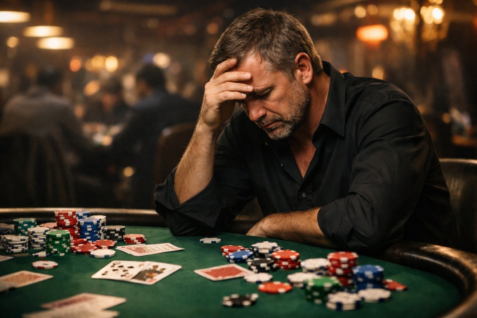 A man sitting alone at a poker table looking frustrated and contemplative with scattered poker chips and cards around him.