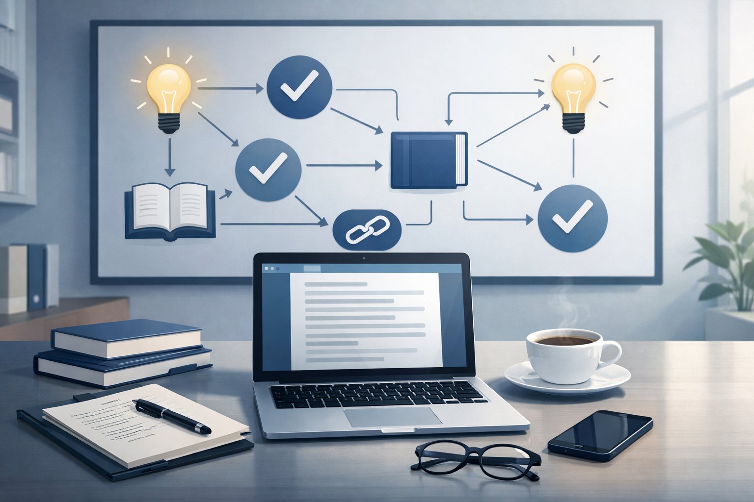 A workspace with a laptop, notes, books, and a digital screen showing icons related to key takeaways and resources.