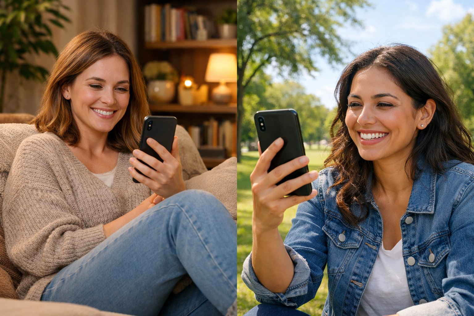 Two women smiling and talking to each other on smartphones from different locations, one indoors and one outdoors.