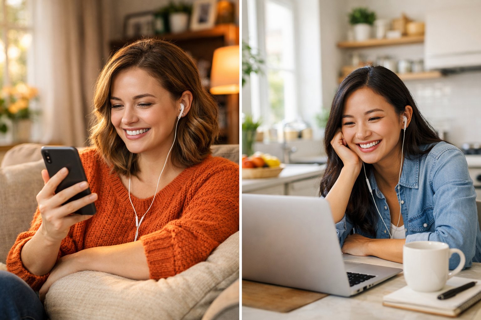 Two friends smiling and talking to each other on video calls from different rooms, showing their connection despite being apart.
