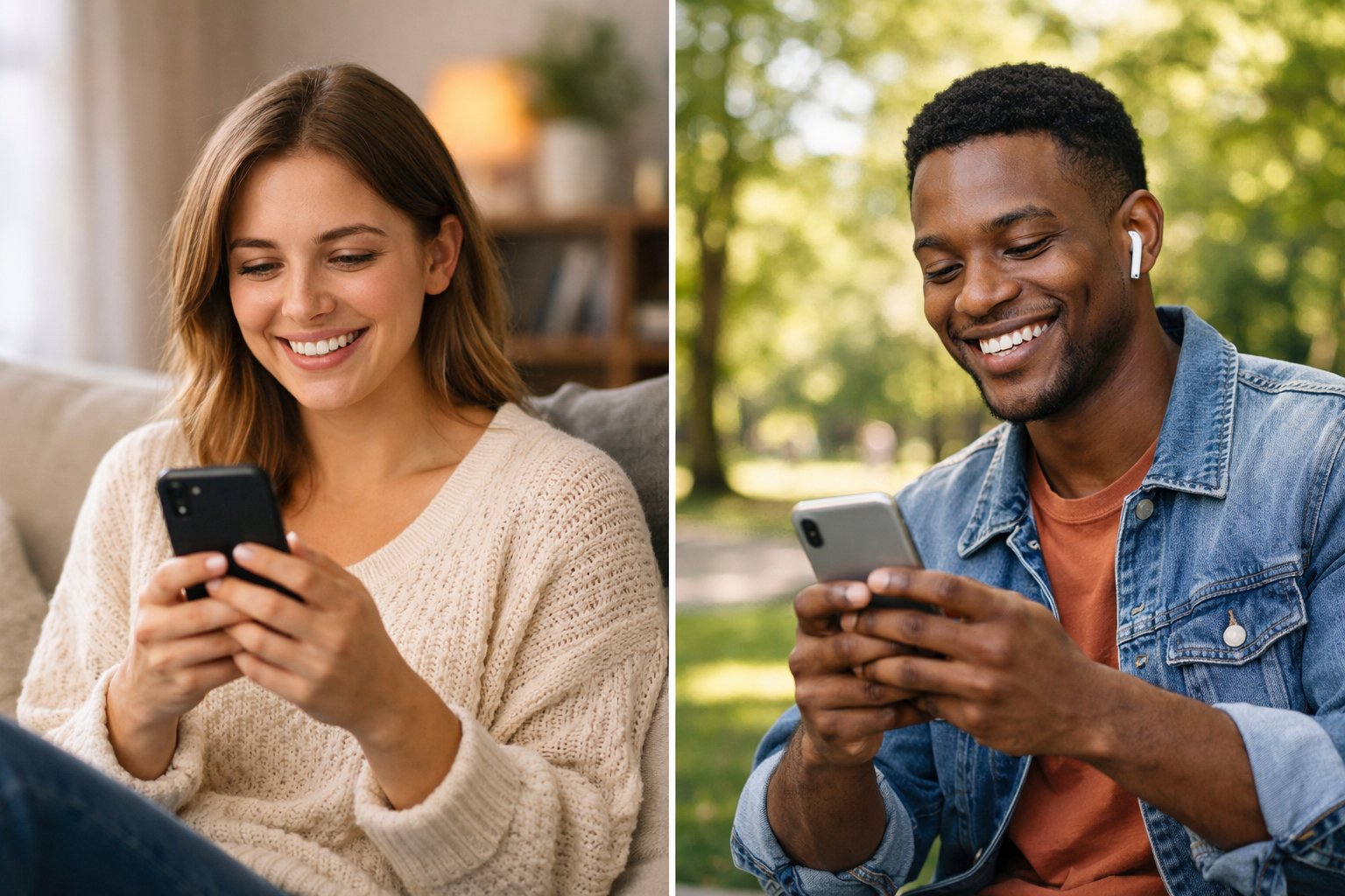 Two friends smiling and looking at their phones in different locations, showing their close bond despite being apart.