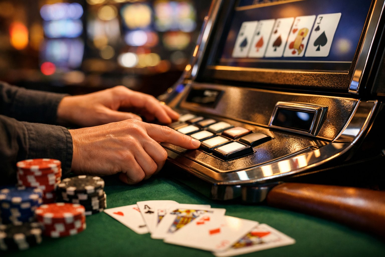 Close-up of hands interacting with a video poker machine at a casino table with poker chips and playing cards nearby.