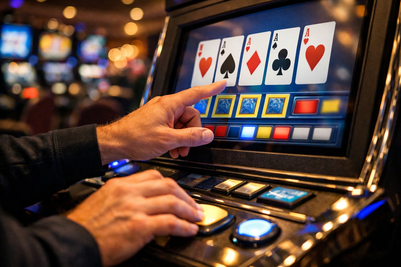 Close-up of hands interacting with a video poker machine in a casino environment.
